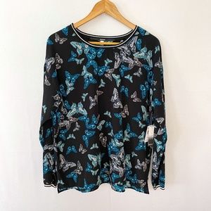 KENSIE Size Lg Teal & White Butterflies on Black Long Sleeve Boxy Crew Neck Top